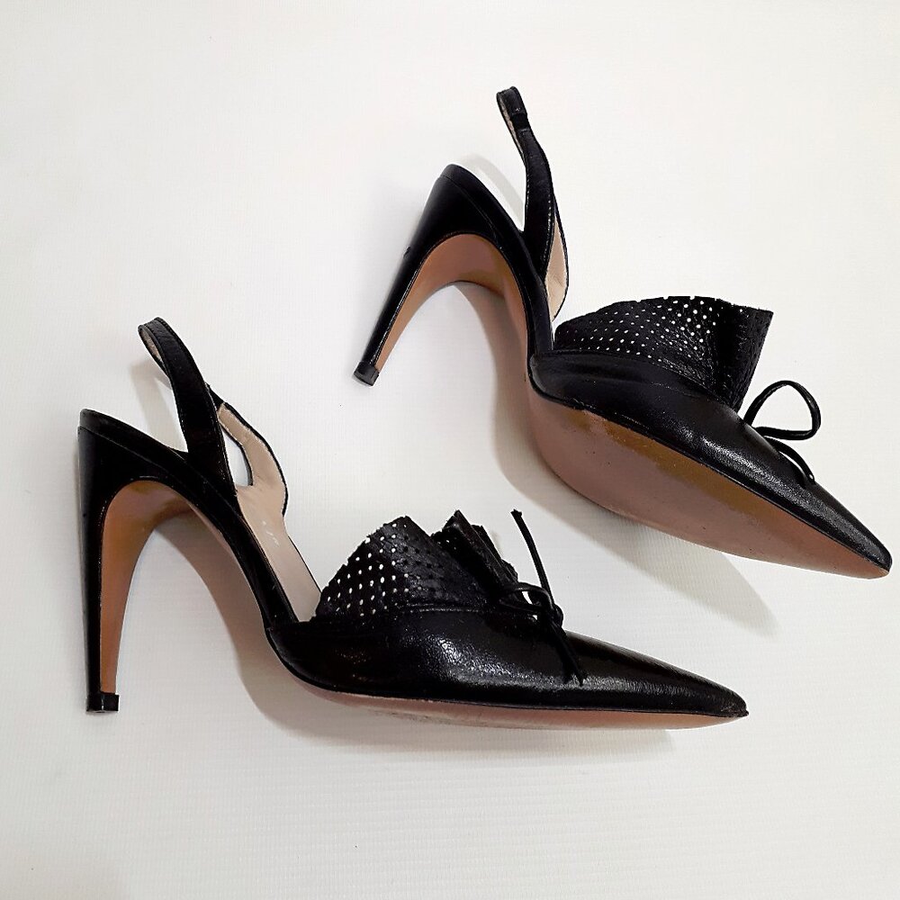 ADAMI Pinup Stiletto Heel Pumps with Ruffle Detail in Jet Black Leather